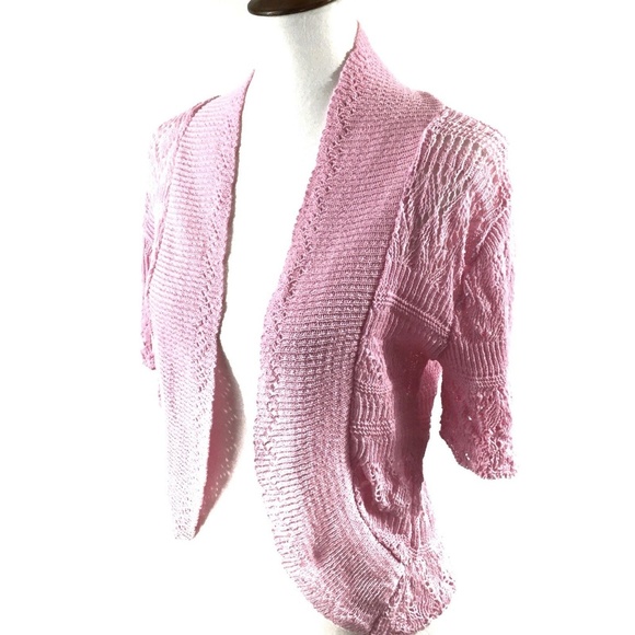 Bina Open Front Crochet Cardigan Sweater Pink 3/4 Sleeves - Picture 4 of 7